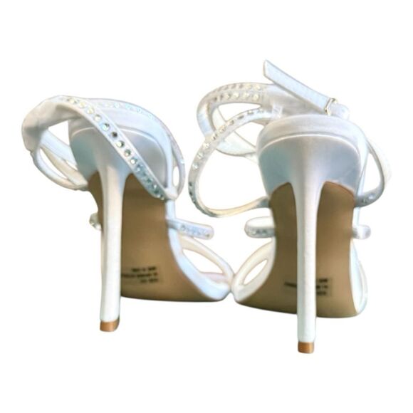 Lulu's Ralstonn White Satin Rhinestone Ankle Strap the perfect wedding heel. 8.5 - Picture 4 of 10